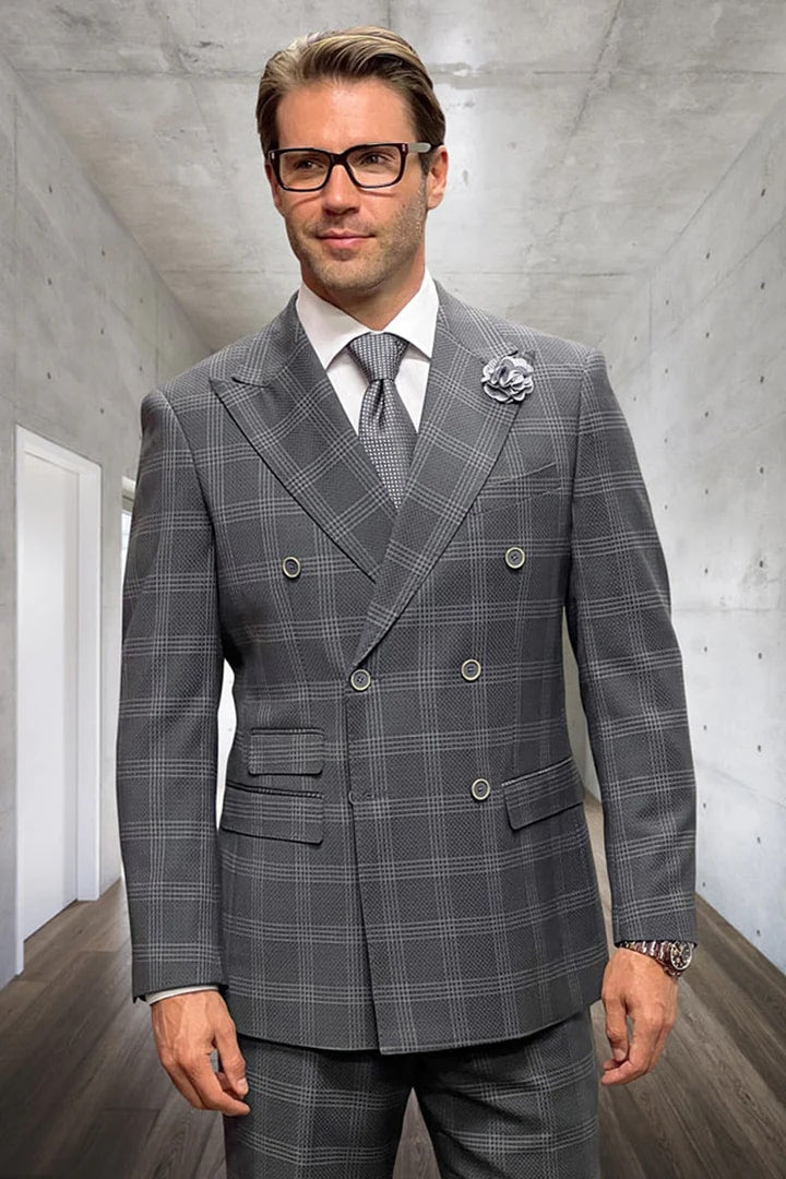 Mens Plaid Suit Mens Windowpane Pattern Two Piece Light Gray Suit