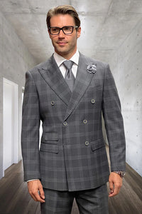 Mens Designer Classic Fit Double Breasted Grey Windowpane Plaid Suit