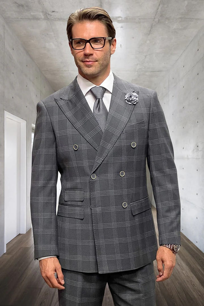 Mens Designer Classic Fit Double Breasted Grey Windowpane Plaid Suit