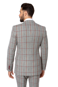 Suits With Baggy Pleated Pants - Wide Leg Pants 100% Wool - Classic Fit in Color Grey with Red Plaid by Rossiman