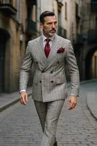 Suits With Baggy Pleated Pants - Wide Leg Pants 100% Wool - Classic Fit in Color Grey with Red Plaid by Rossiman