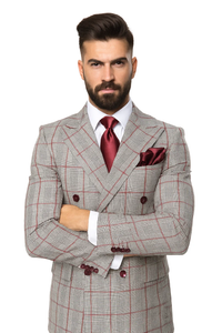 Suits With Baggy Pleated Pants - Wide Leg Pants 100% Wool - Classic Fit in Color Grey with Red Plaid by Rossiman