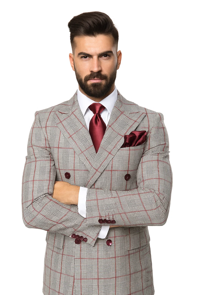 Suits With Baggy Pleated Pants - Wide Leg Pants 100% Wool - Classic Fit in Color Grey with Red Plaid by Rossiman