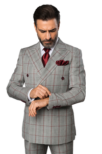 Suits With Baggy Pleated Pants - Wide Leg Pants 100% Wool - Classic Fit in Color Grey with Red Plaid by Rossiman