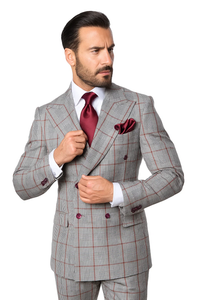 Suits With Baggy Pleated Pants - Wide Leg Pants 100% Wool - Classic Fit in Color Grey with Red Plaid by Rossiman