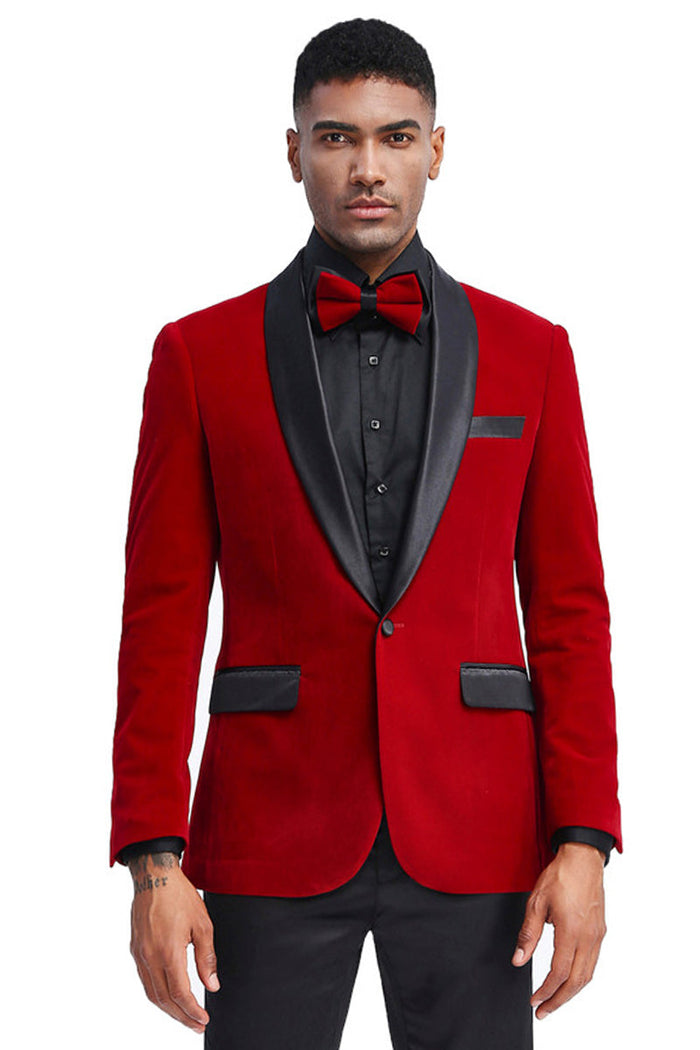 Men's Slim Fit Shawl Lapel Velvet Wedding & Prom Tuxedo Jacket in Red