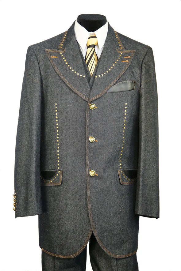 Denim Suit - Cotton Fabric Vested Suit - 3 Pieces Suit - Vested Fancy  Zoot Suit - Men's Tuxedo USA