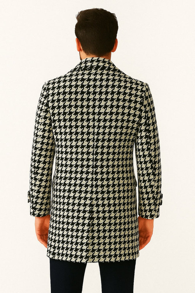 Mens Houndstooth Double-Breasted Wool Peacoat – Black and White Wool  Short Coat Slim Fit