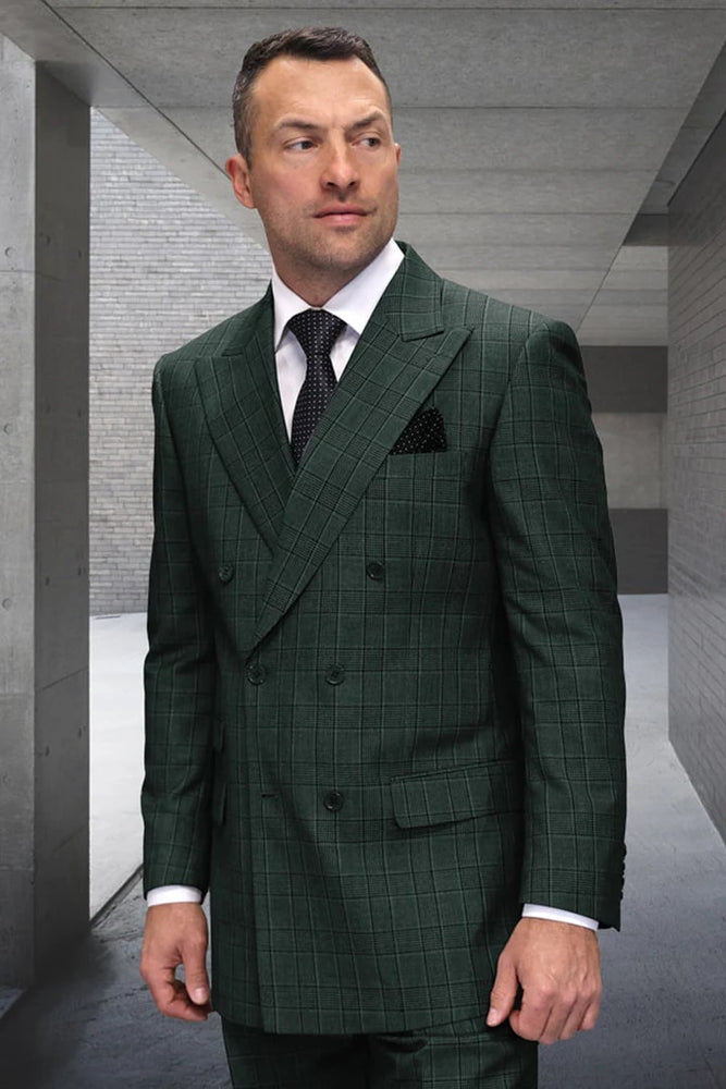 Mens Designer Classic Fit Double Breasted Hunter Green Wool Suit