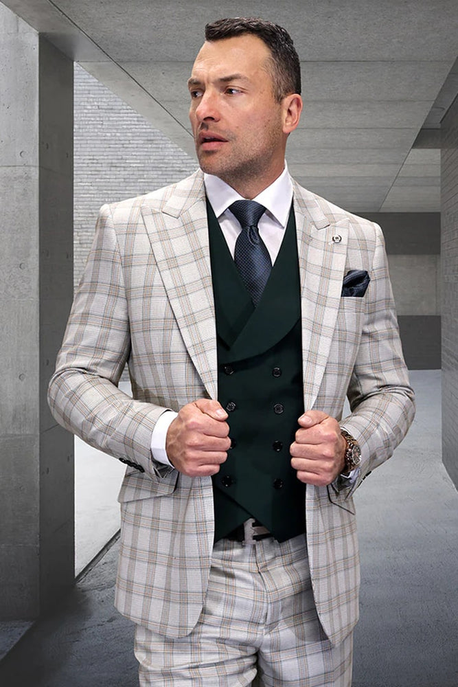 Mens Single Button Designer Wool Double Breasted Hunter Green Windowpane Plaid Suit