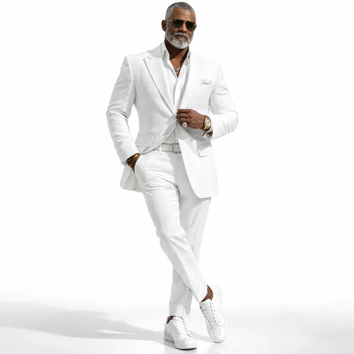 Mens Premium Cotton Seersucker Stripe Suit – White