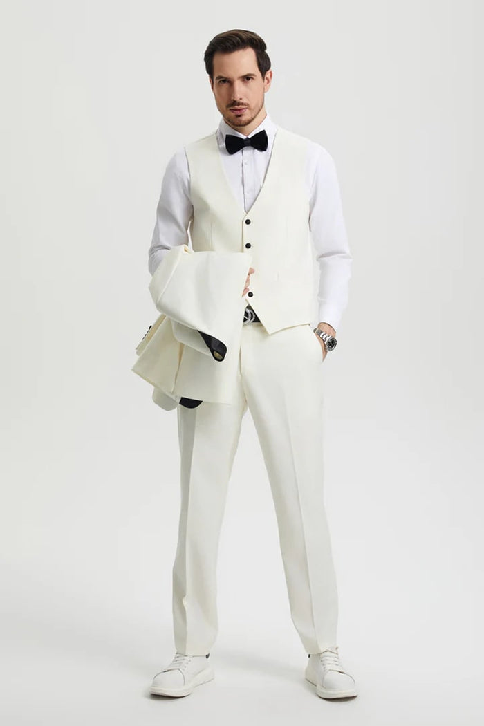 Ivory   Prom Tuxedo Suit - Ivory  Wedding Suit - Men's Stacy Adams Vested One Button Shawl Lapel Designer Tuxedo