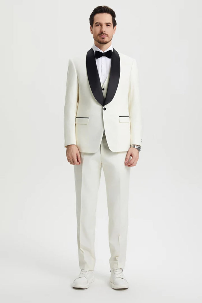 Ivory   Prom Tuxedo Suit - Ivory  Wedding Suit - Men's Stacy Adams Vested One Button Shawl Lapel Designer Tuxedo