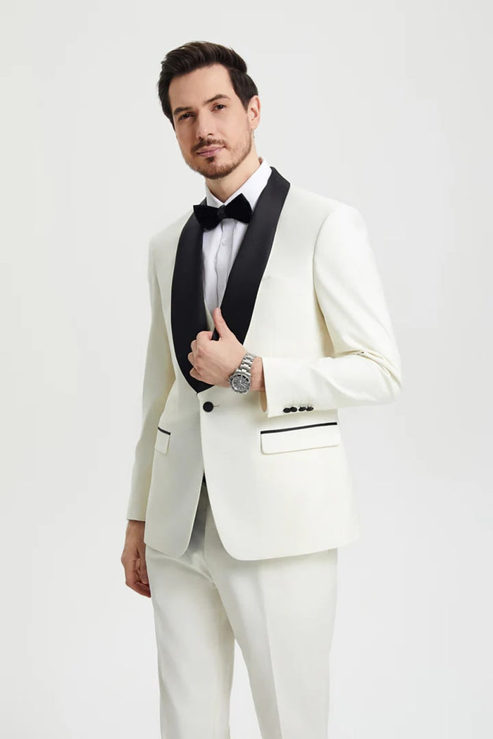 Ivory   Prom Tuxedo Suit - Ivory  Wedding Suit - Men's Stacy Adams Vested One Button Shawl Lapel Designer Tuxedo
