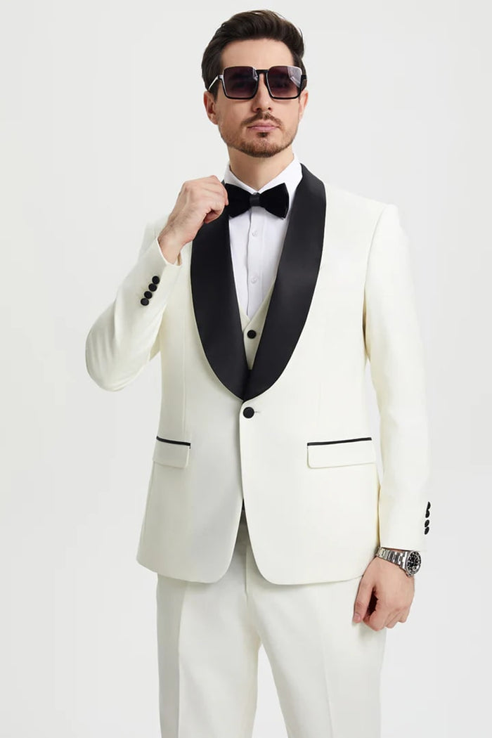 Ivory   Prom Tuxedo Suit - Ivory  Wedding Suit - Men's Stacy Adams Vested One Button Shawl Lapel Designer Tuxedo