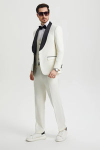 Ivory   Prom Tuxedo Suit - Ivory  Wedding Suit - Men's Stacy Adams Vested One Button Shawl Lapel Designer Tuxedo