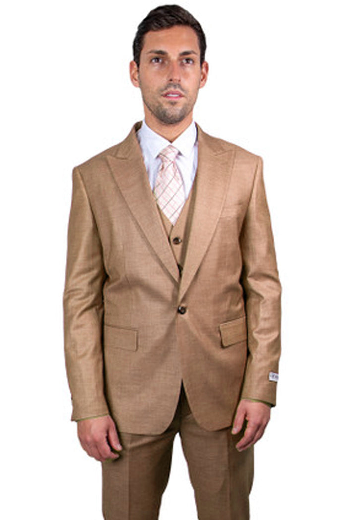 "Taupe Sharkskin Stacy Adams Men's 1-Button Suit with Peak Lapel"