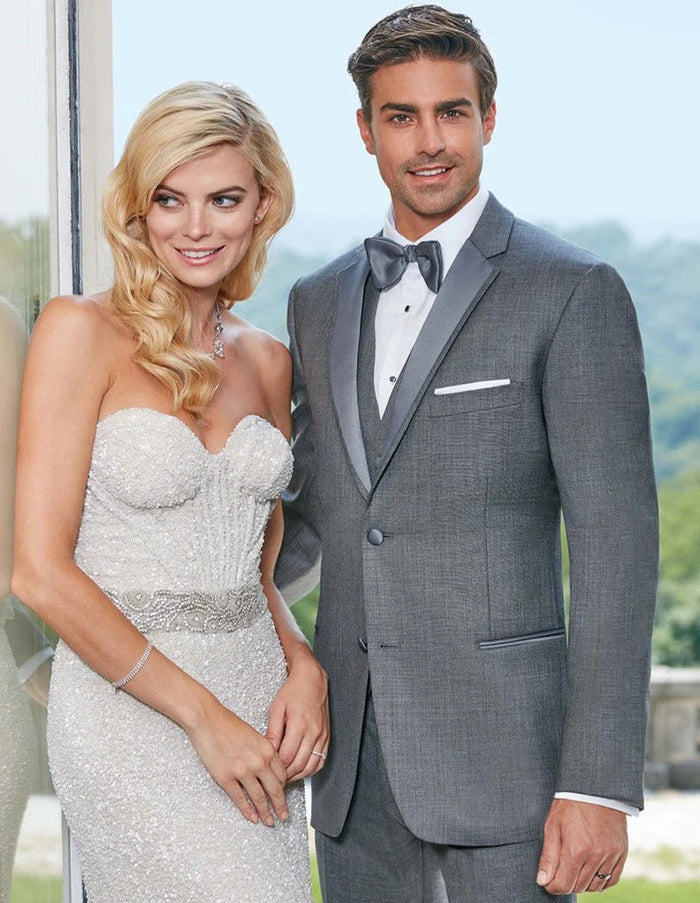 Gray Prom Suit - Mens Designer Grayson Satin Trim Wedding Tuxedo in Grey