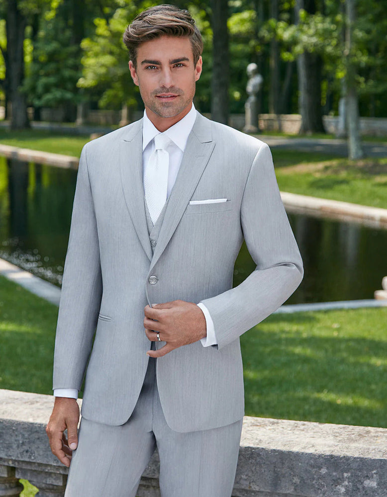 Gray Prom Suit - Mens Designer 2 Button Peak Lapel Grenada Prom Tuxedo Suit in Light Grey Grey Prom Suit