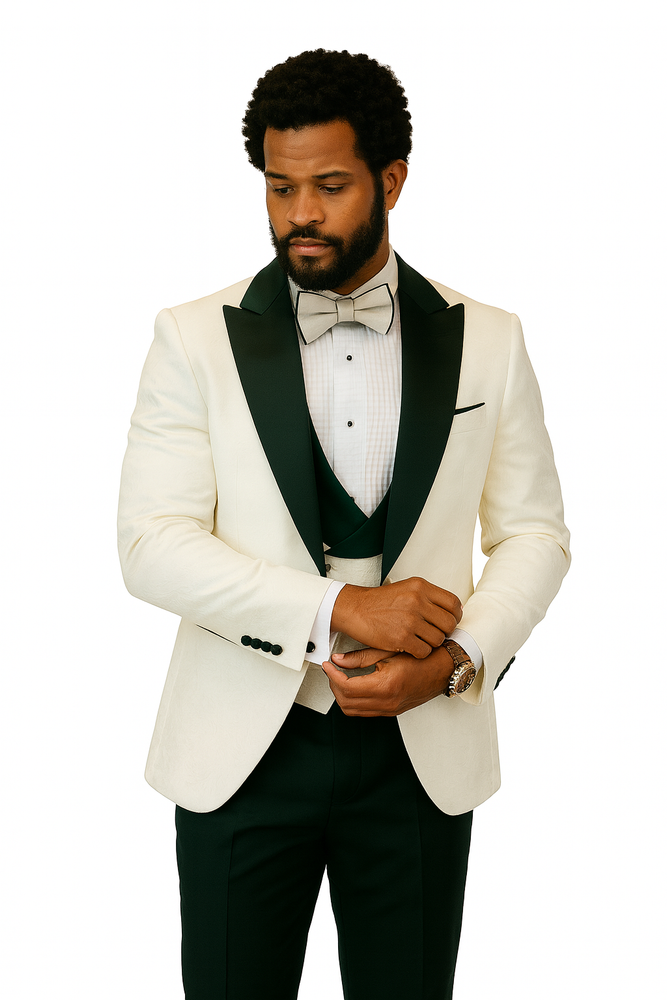 Hilton White and Black Paisley Peak Lapel Tuxedo Jacket with Matching Shawl Vest and Wool Pants – Includes Bow Tie