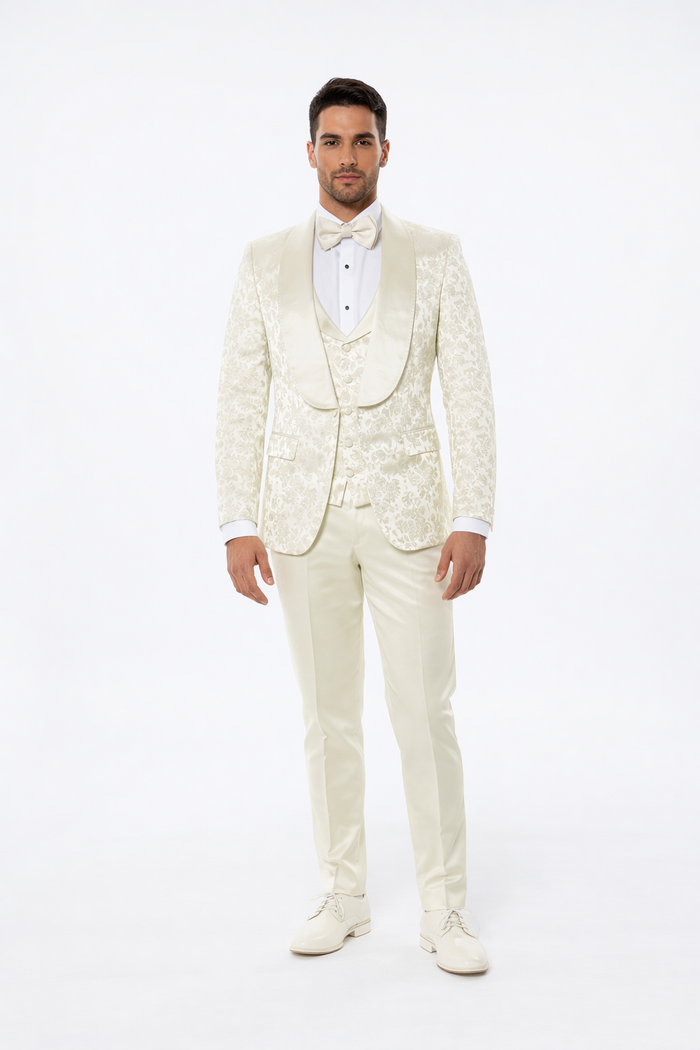Ivory Floral Tuxedo Set for Men – Wide Shawl Lapel Wedding & Prom Suit