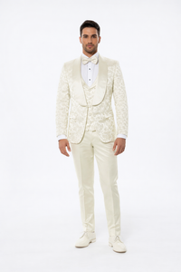 Ivory Floral Tuxedo Set for Men – Wide Shawl Lapel Wedding & Prom Suit