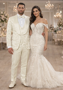 Ivory Floral Tuxedo Set for Men – Wide Shawl Lapel Wedding & Prom Suit