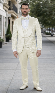 Ivory Floral Tuxedo Set for Men – Wide Shawl Lapel Wedding & Prom Suit