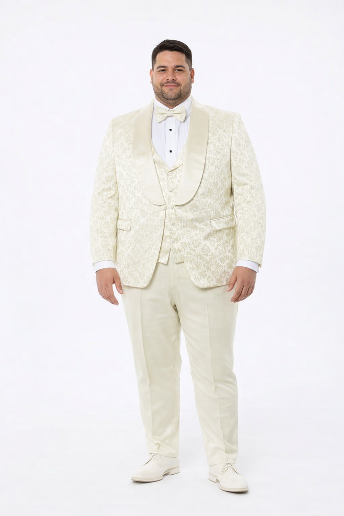 Ivory Floral Tuxedo Set for Men – Wide Shawl Lapel Wedding & Prom Suit