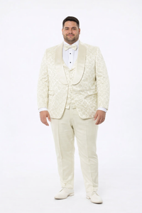 Ivory Floral Tuxedo Set for Men – Wide Shawl Lapel Wedding & Prom Suit