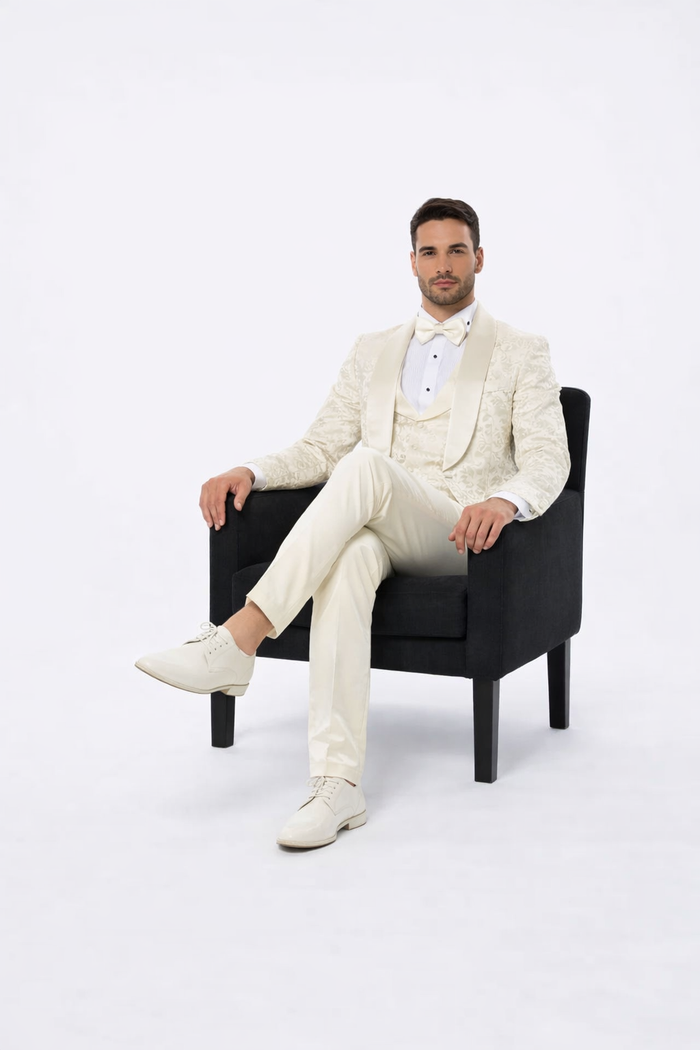 Ivory Floral Tuxedo Set for Men – Wide Shawl Lapel Wedding & Prom Suit