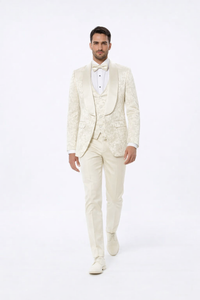 Ivory Floral Tuxedo Set for Men – Wide Shawl Lapel Wedding & Prom Suit
