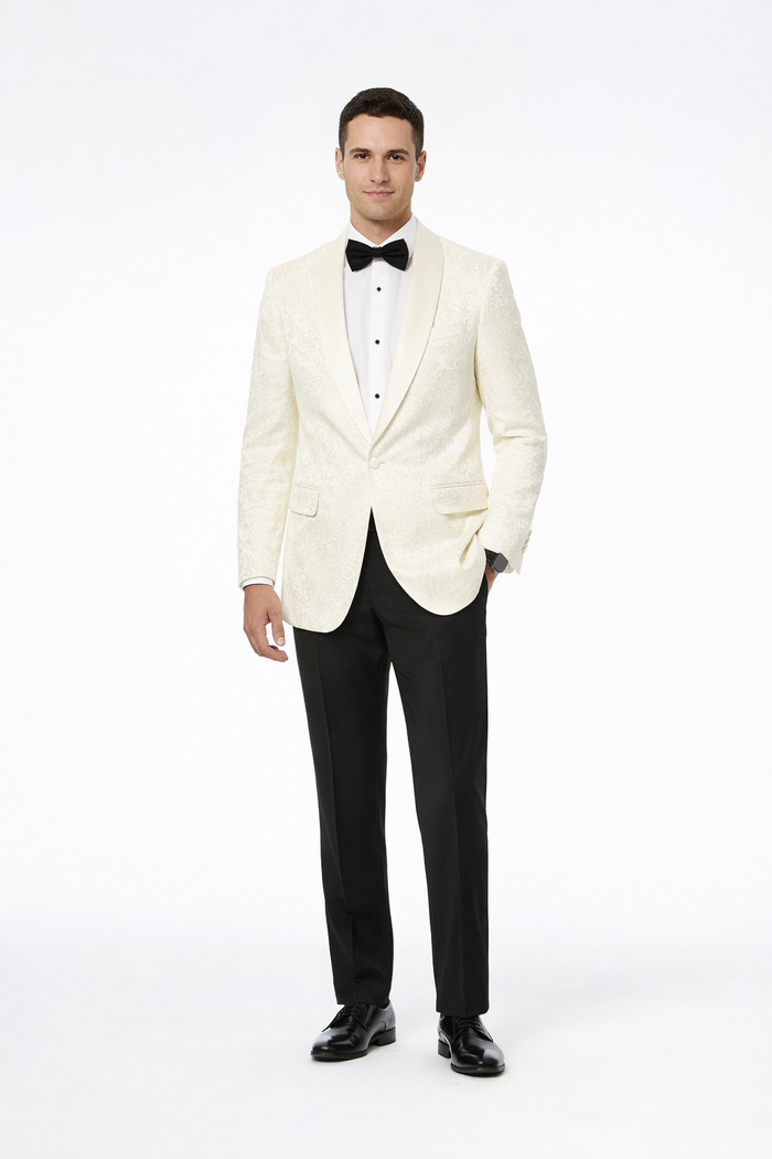 Men’s Ivory Paisley Shawl Lapel Tuxedo Jacket – Premium Wedding & Prom Outfit