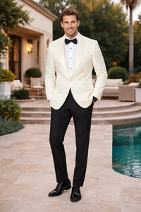 Men’s Ivory Paisley Shawl Lapel Tuxedo Jacket – Premium Wedding & Prom Outfit