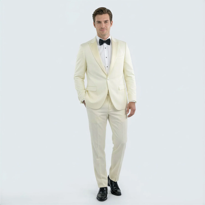 Ivory Men’s Slim Fit Tuxedo Suit with Peak Lapel for Prom & Weddings