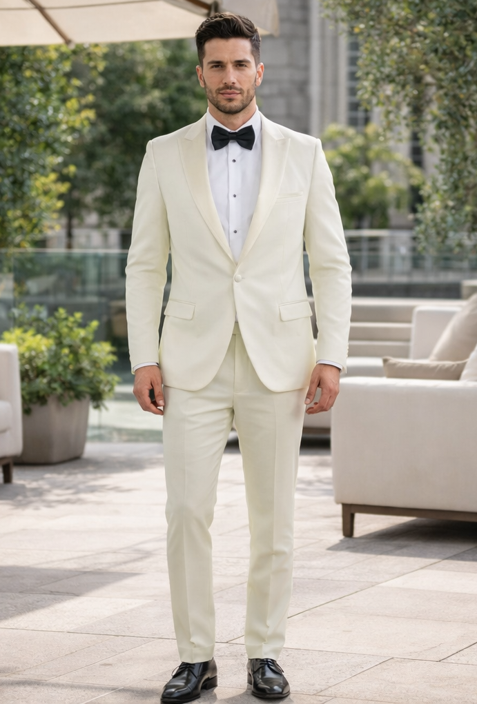 Ivory Men’s Slim Fit Tuxedo Suit with Peak Lapel for Prom & Weddings