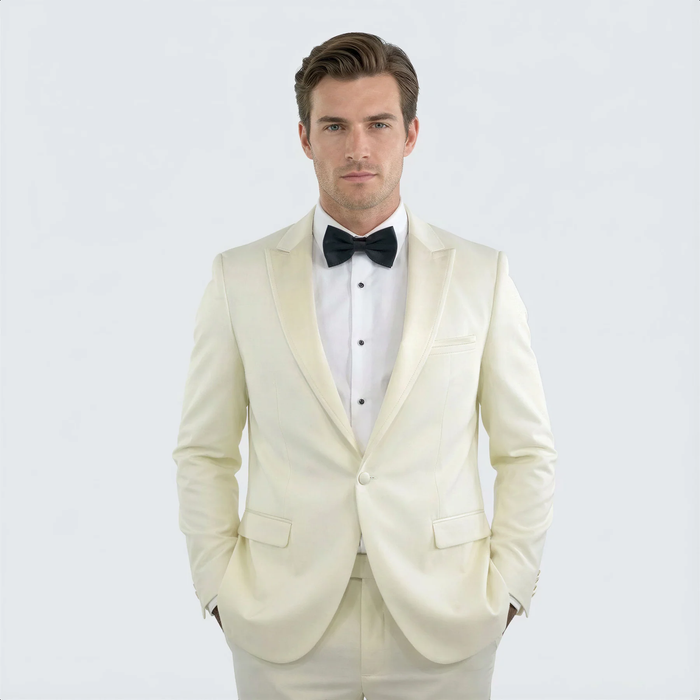 Ivory Men’s Slim Fit Tuxedo Suit with Peak Lapel for Prom & Weddings