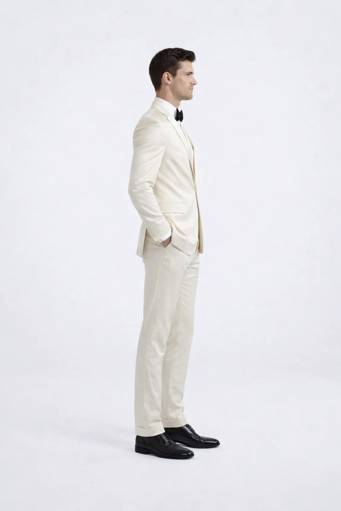 Ivory Men’s Slim Fit Tuxedo Suit with Peak Lapel for Prom & Weddings