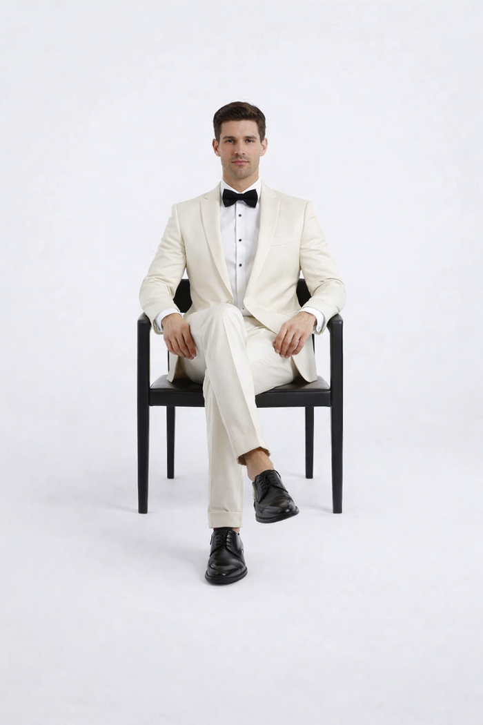 Ivory Men’s Slim Fit Tuxedo Suit with Peak Lapel for Prom & Weddings