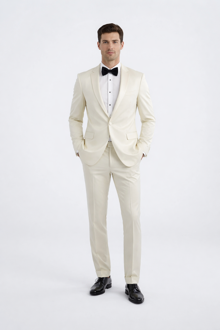 Ivory Men’s Slim Fit Tuxedo Suit with Peak Lapel for Prom & Weddings
