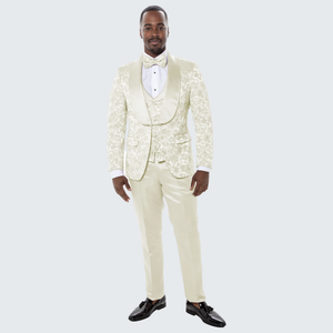 Ivory Floral Tuxedo Set for Men – Wide Shawl Lapel Wedding & Prom Suit