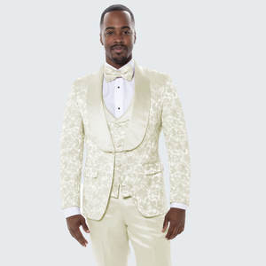 Ivory Floral Tuxedo Set for Men – Wide Shawl Lapel Wedding & Prom Suit