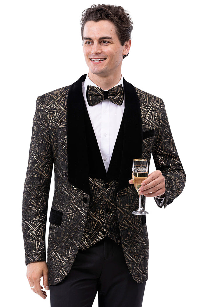 Men's Geometric Print Tuxedo Jacket with Square Shawl Lapel in Black & Gold