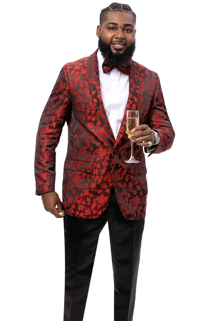 Men's One Button Shawl Lapel Tuxedo Jacket in Red & Black Floral Paisley