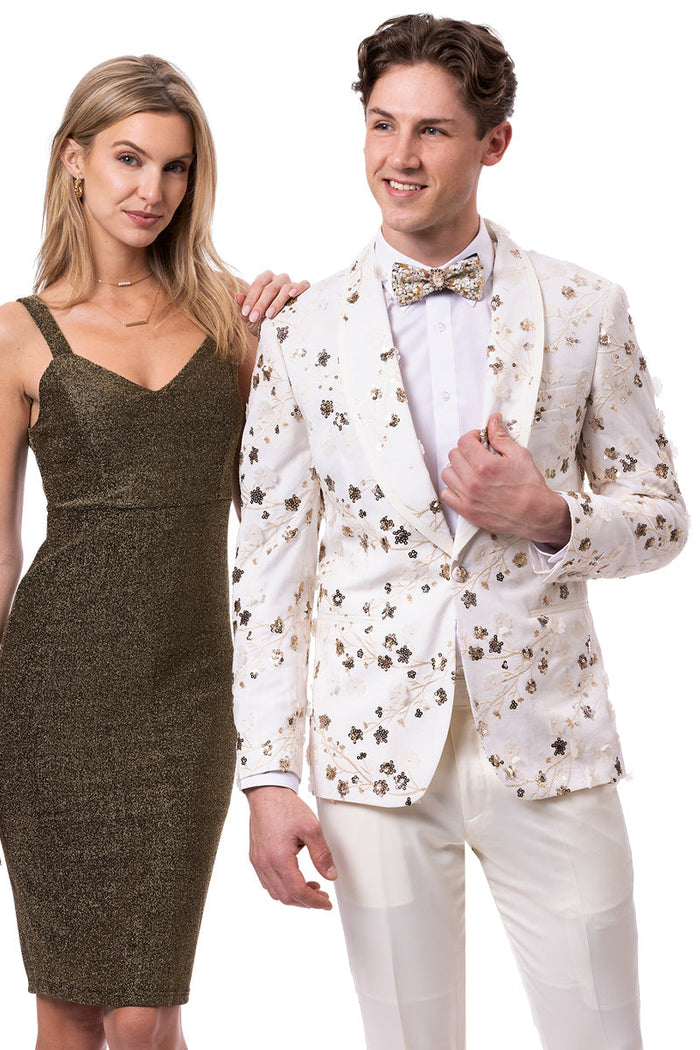 Men's Modern Fit Shawl Lapel Wedding & Prom Tuxedo in White & Gold Sequin Paisley