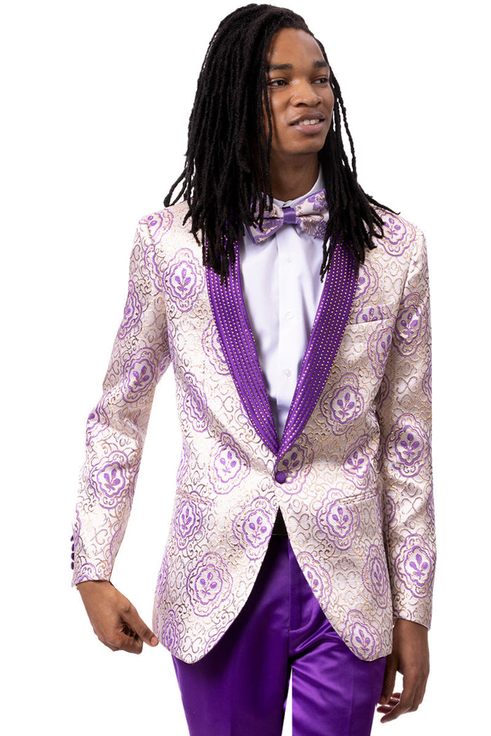 Men's Wedding & Prom Tuxedo jacket in a Purple Floral Paisley with Diamond Studded Lapel.