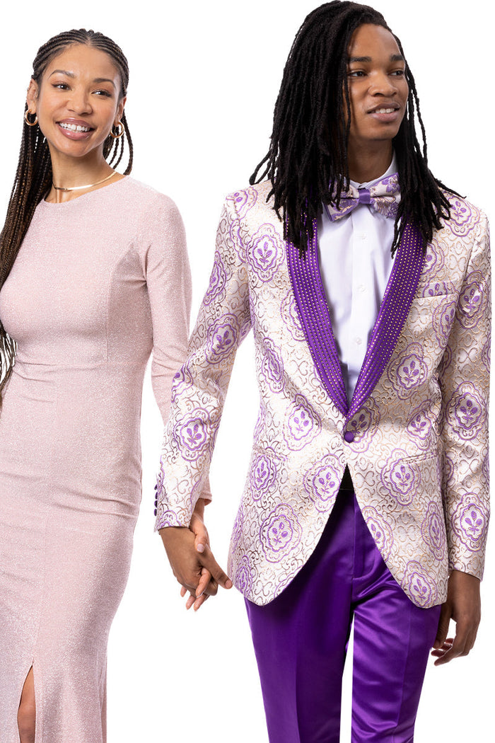 Men's Wedding & Prom Tuxedo jacket in a Purple Floral Paisley with Diamond Studded Lapel.