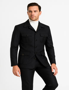 Men's Black Safari Suit with Textured Utility Jacket and Matching Trousers - Casual Walking Suit by Rossiman