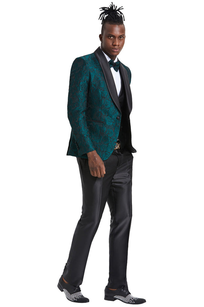 Hunter Green Men's Slim Fit Paisley Floral Prom Tuxedo with One Button Vest Green Prom Dress
