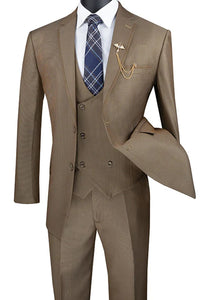 Khaki  Prom Tuxedo Suit -Khaki Wedding Suit - Men's Modern Fit Tuxedo Suit With Double Breasted Vest And Satin Trim